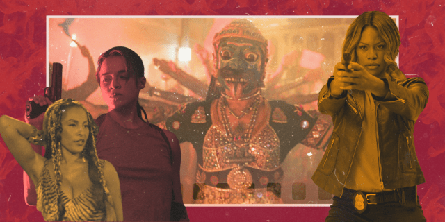 Trans women in action movies: a collage of images from Jolt, Escape from LA, The Assignment, and Monkey Man.