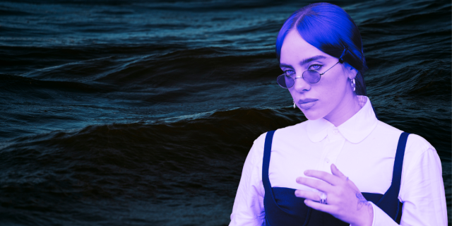Billie Eilish in blue overtones, photoshopped over a dark water ocean
