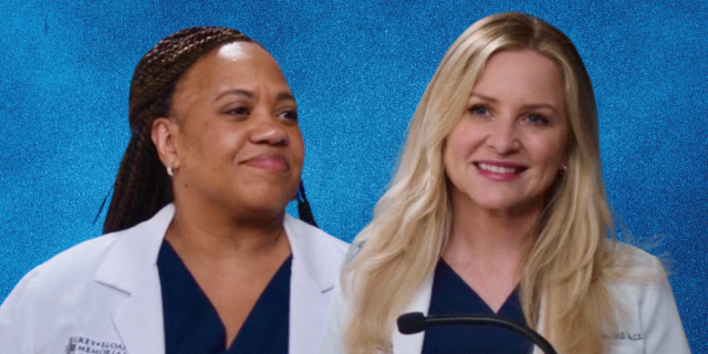 Miranda and Arizona stand next to each other against a blue backdrop in Grey's Anatomy 2004 recap