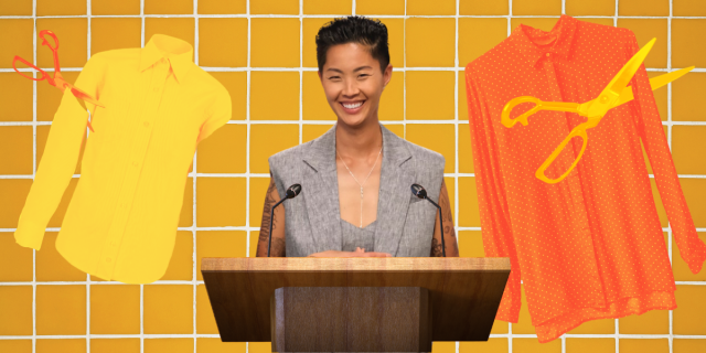 Kristen Kish from Top Chef Wisconsin, collaged in front of cut up button down shirts