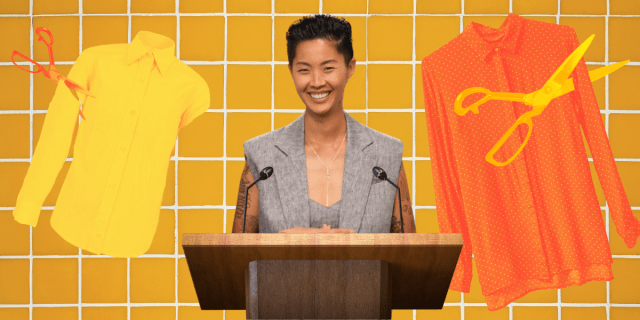 Kristen Kish from Top Chef Wisconsin, collaged in front of cut up button down shirts