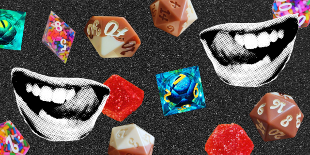 a set of mouths and sets of edible looking dice