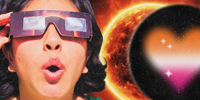 a woman wearing eclipse glasses looking at the eclipse with a lesbian flag heart superimposed on it