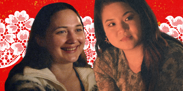 Lily Gladstone and Kelly Marie Tran, stars of The Wedding Banquet, together in a collage over a red background and white lace