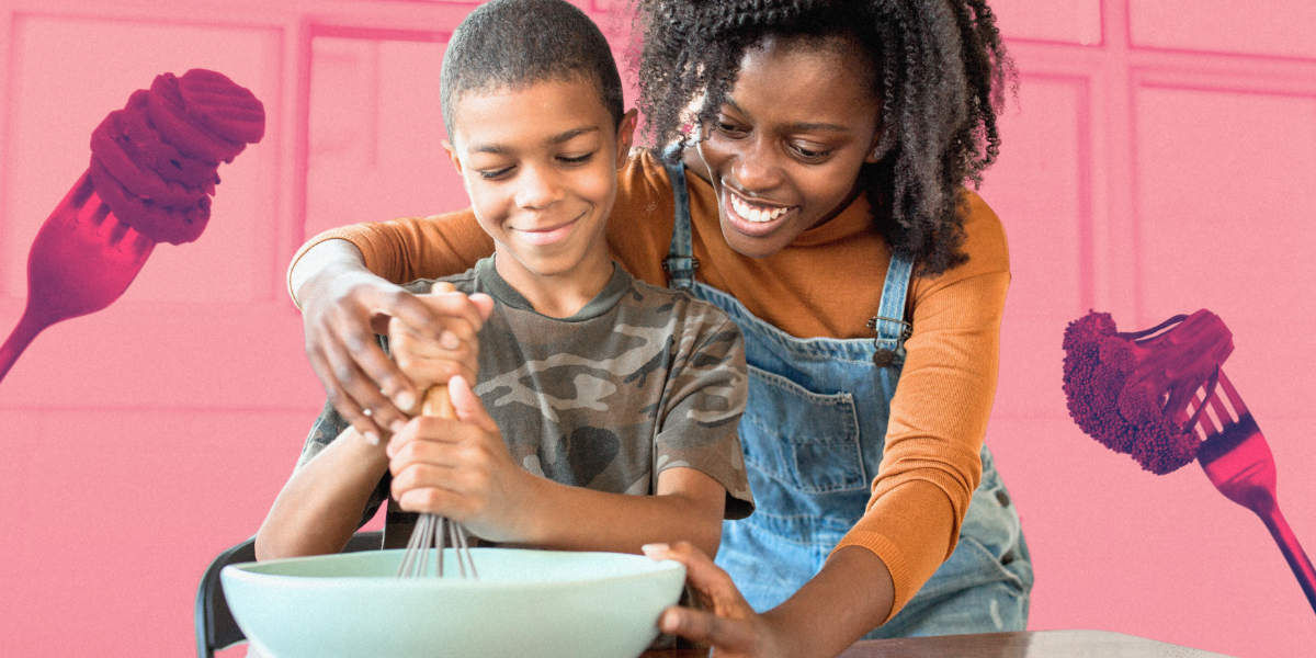 a mom is making food with her kid