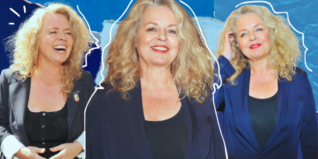A collage of three images of Patricia Rozema against a blue background.
