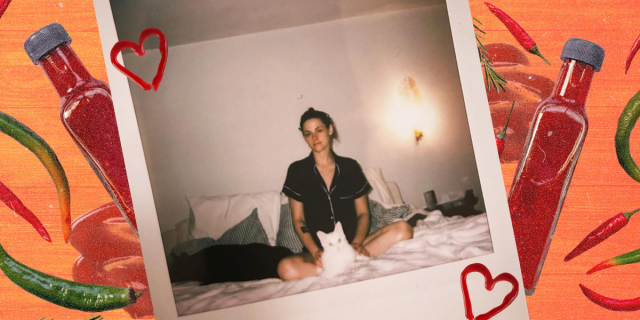 Kristen Stewart in a polaroid surrounded by hot sauce