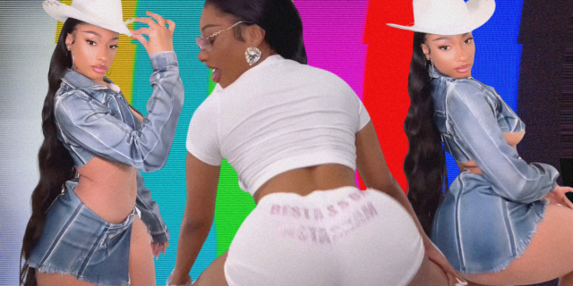 Megan thee Stallion in hot pants that say BEST *SS ON INSTAGRAM