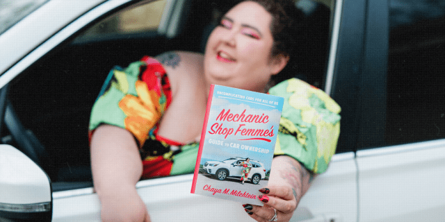 Chaya Milchtein with her book Mechanic Shop Femme's Guide to Car Ownership