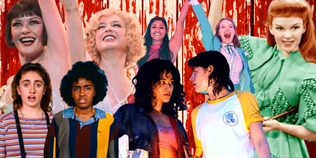 The Age of Toxic Queer Women Cinema Should Tackle the Movie Musical Next: a collage of images from Chicago, The Prom, Meet Me in St. Louis, Bottoms, and Love Lies Bleeding.