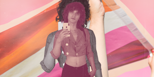 A five year old image of Drew on lesbian visibility day with short curly hair, a black and white checkered cropped blazer, and black pants. The selfie is superimposed over itself with a background of someone waving the lesbian flag.