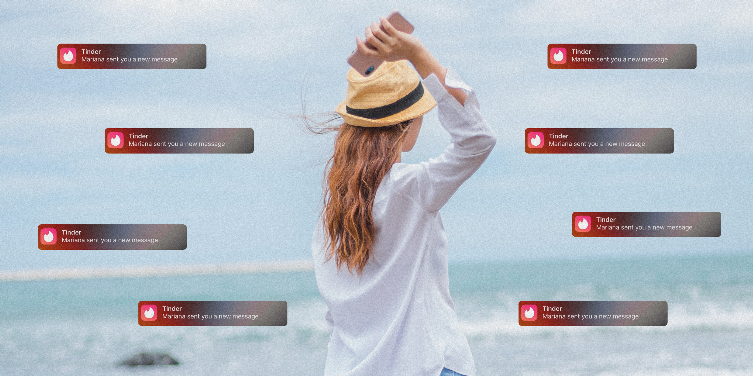 a woman throwing her phone into the ocean with a bunch of Tinder messages surrounding her