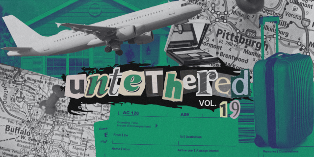UNTETHERED with a plane, map of pittsburgh, buffalo, and suitcase