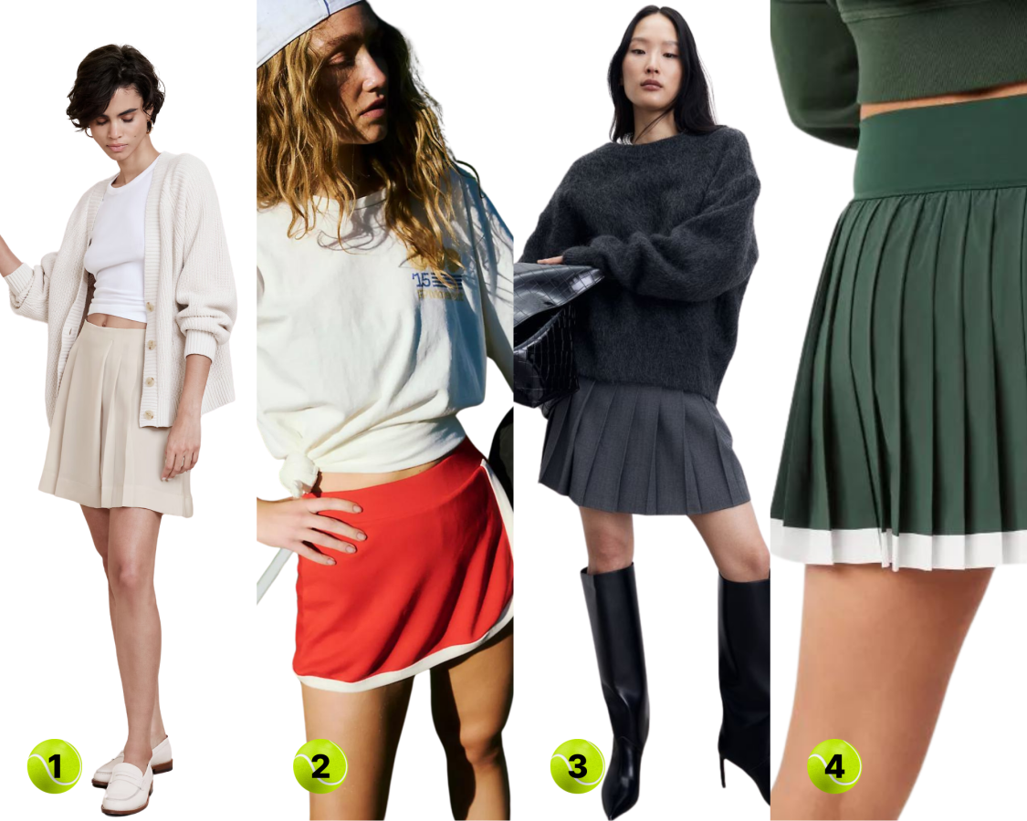 1. Satin Pleated Skort ($38, sizes XXS-XL)2. Red Skort ($58, sizes XS-XL)
3. Pleated Mini Skirt ($35, sizes 0-18)
4. Green Pleated Skort ($45, sizes XXS-XXL)