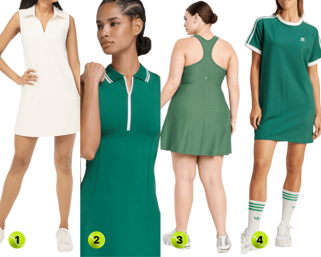 1. White Active Polo Dress ($50, sizes XXS-XXXL)2. Wilson Retro Tennis Dress ($88, sizes XS-XL) 3. Racerback Dress ($25, sizes XS-4XL) 4. Adidas Raglan Dress ($50, sizes XXS-XXL)