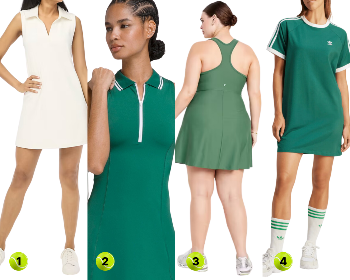 1. White Active Polo Dress ($50, sizes XXS-XXXL)2. Wilson Retro Tennis Dress ($88, sizes XS-XL) 3. Racerback Dress ($25, sizes XS-4XL) 4. Adidas Raglan Dress ($50, sizes XXS-XXL)