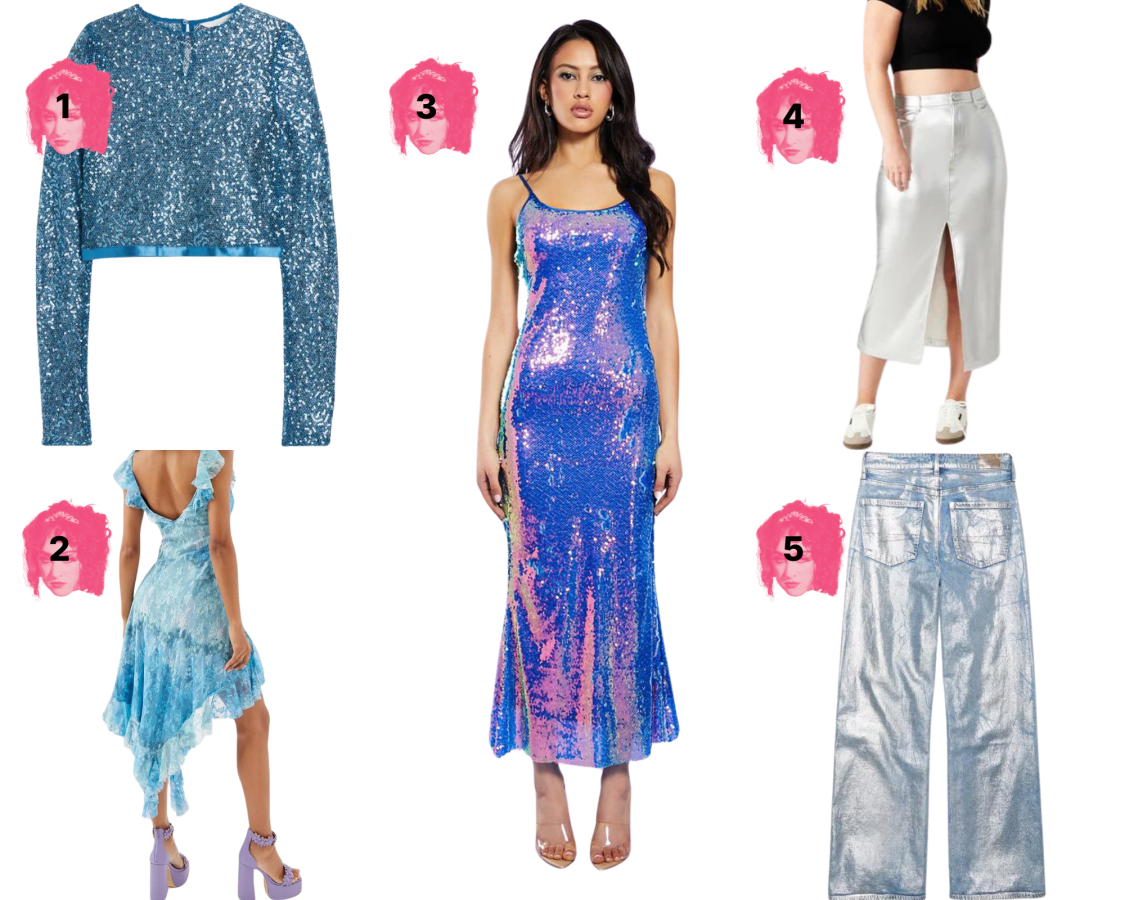 1. Blue Sequin Crop Top ($20, sizes XS-XXL)2. Lace Spliced Midi Dress ($149, sizes XS-XL) 3. Iridescent Midi Dress ($30, sizes XS-XXL) 4. Silver Skirt ($89, sizes 0-14) 5. Metallic Baggy Pants ($50, sizes 000-20)