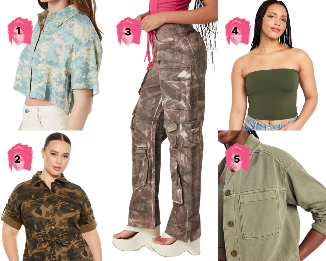 1. Camo Crop Shirt ($15, sizes XS-XL)2. Camo Romper ($38, sizes XL-XXXL) 3. Camo Baggy Cargo Pants ($30, sizes XS-XL) 4. Dark Green Tube Top ($12, sizes XS-4XL) 5. Utility Jacket ($40, sizes XS-4XL)