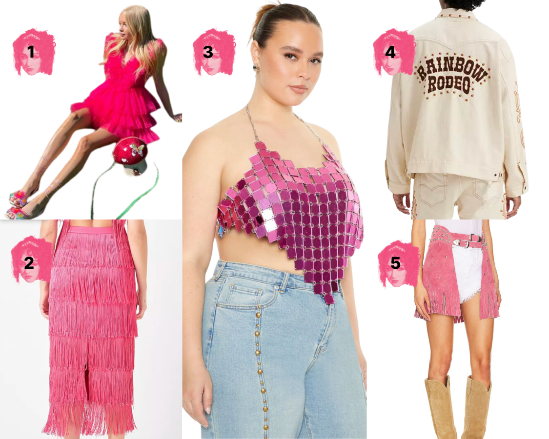 1. Hot Pink Tulle Dress ($87, sizes XS-XXL)2. Pink Fringe Skirt ($71, sizes XS-L) 3. Pink Chainmail Halter ($15, plus size one size) 4. Rainbow Rodeo Jacket ($148, sizes XS-XXXL) 5. Leather Fringe Skirt ($255, sizes XS-XL)