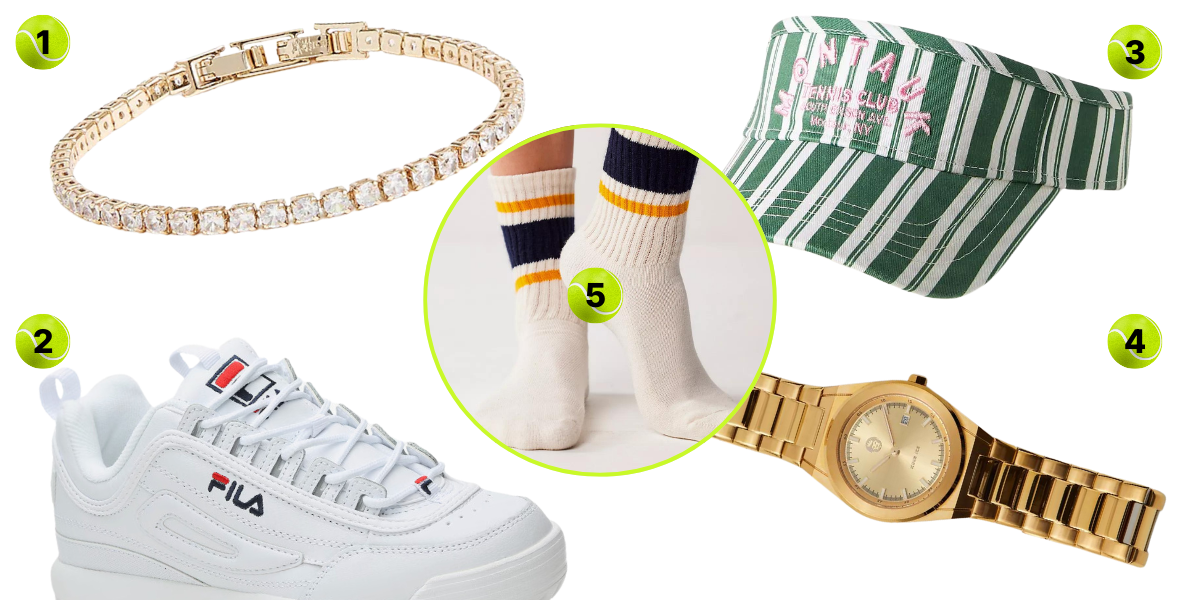 1. Faux Tennis Bracelet ($17)2. FILA Sneaker ($70, sizes 5-11)
3. Visor ($42)
4. Watch ($180)
5. Striped Tube Socks ($14)