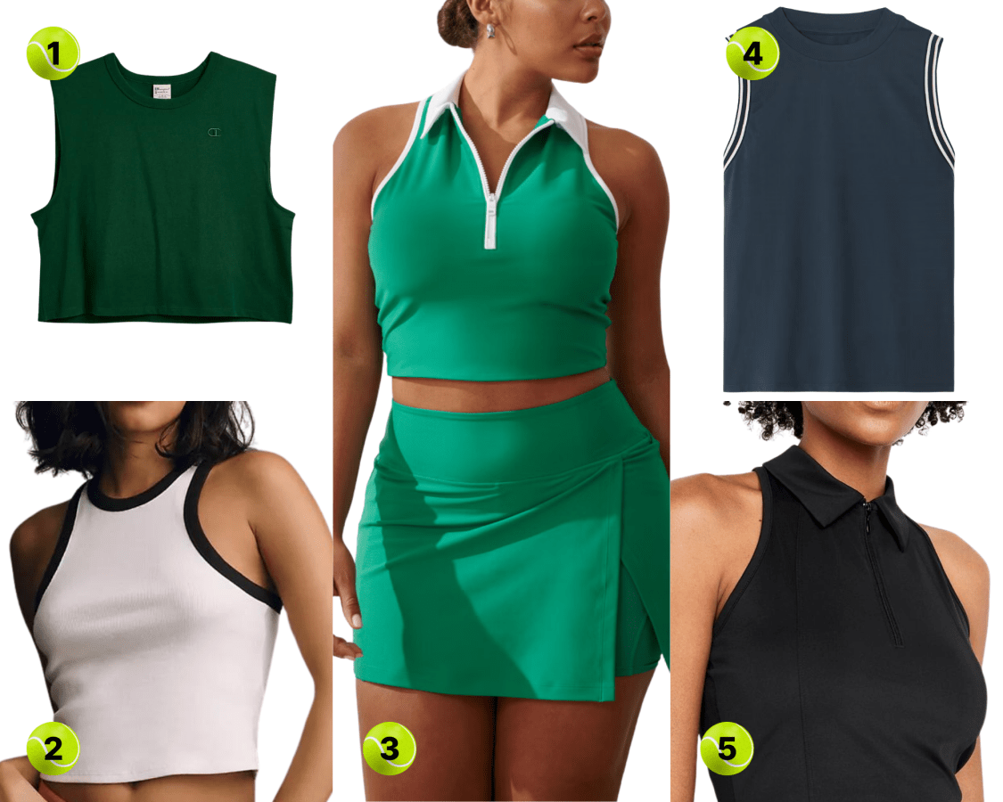 1. Champion Jersey Tank Top ($35, sizes XS-XXXL)2. Sleeveless Baby Tee ($28-34, sizes XXS-XL) 3. Green Polo Tank ($45, sizes XXS-XXL) 4. Striped Jersey Tank ($58, sizes XXS-XL) 5. Cropped Polo Tank ($14, sizes XS-4XL and also available in tall and petite sizing)