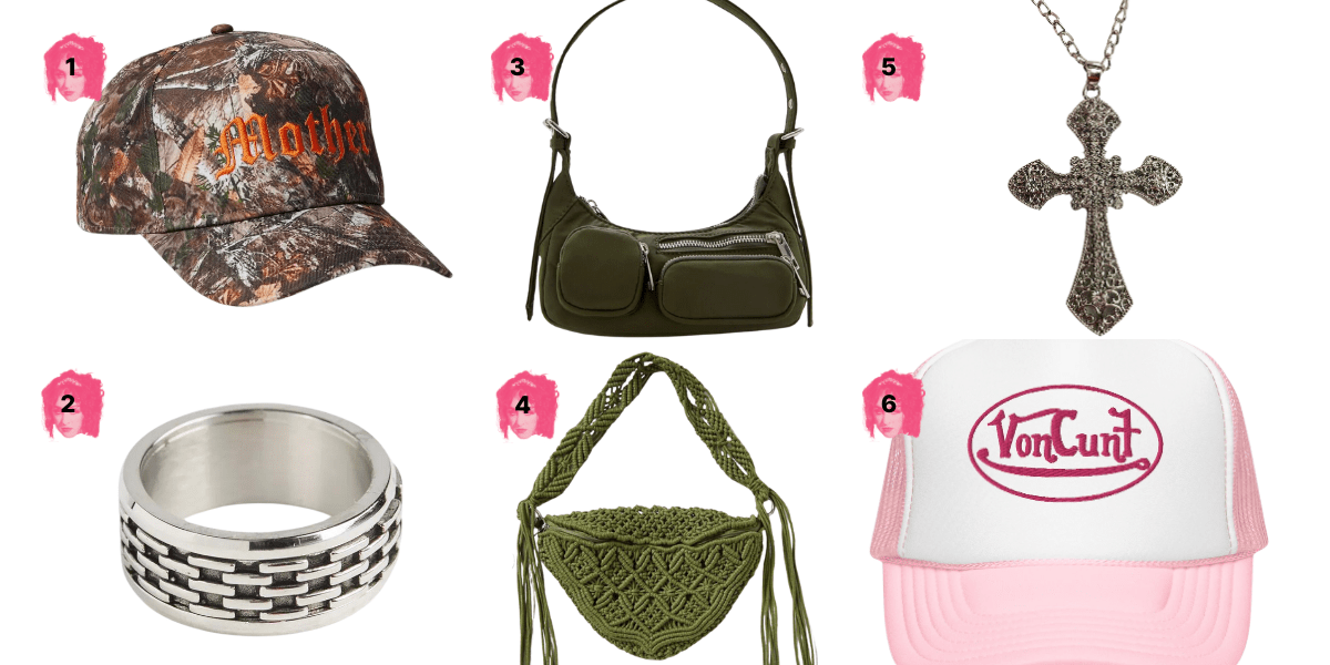1. Mother Hat ($35)2. Metal Mesh Ring ($20) 3. Pocket Shoulder Bag ($15) 4. Crochet Handbag ($19) 5. Rhinestone Cross Necklace ($9) 6. VonCunt Hat ($24)