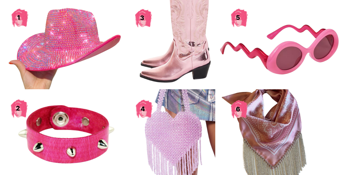 1. Rhinestone Cowboy Hat ($70)2. Pink Studded Cuff ($20) 3. Cowboy Boots ($38, sizes 6-10) 4. Beaded Heart Purse ($23) 5. Wavy Sunglasses ($15) 6. Fringed Bandana ($30+)