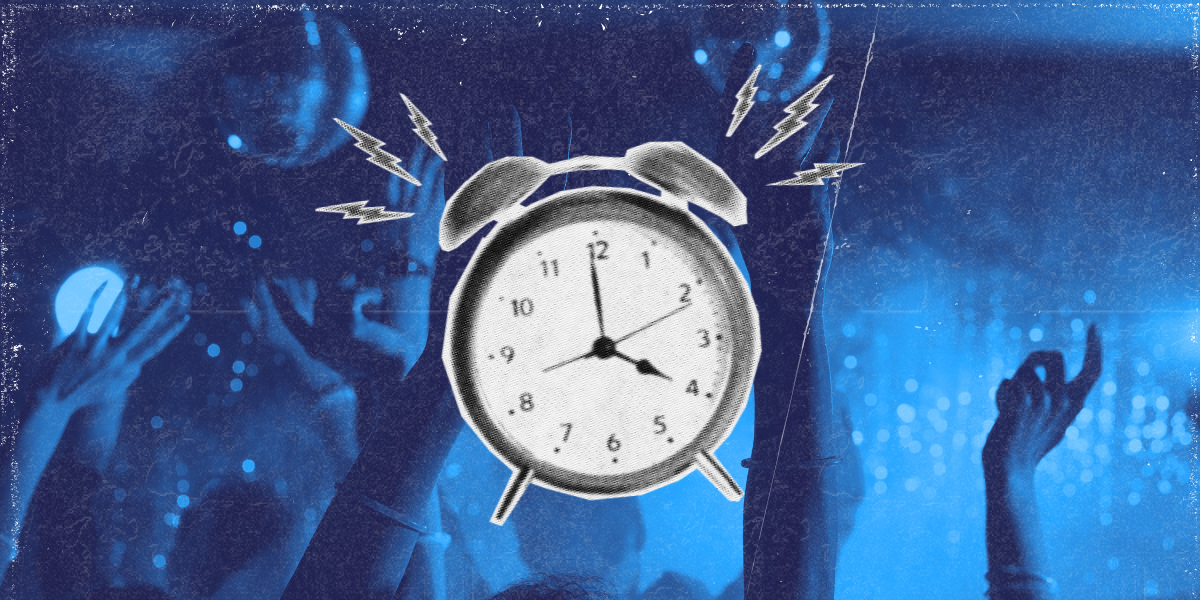 an alarm clock rings out in sharp contrast to a blue-toned image of people partying in the background