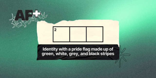 2 down / 3 letters / Identity with a pride flag made up of green, white, grey, and black stripes