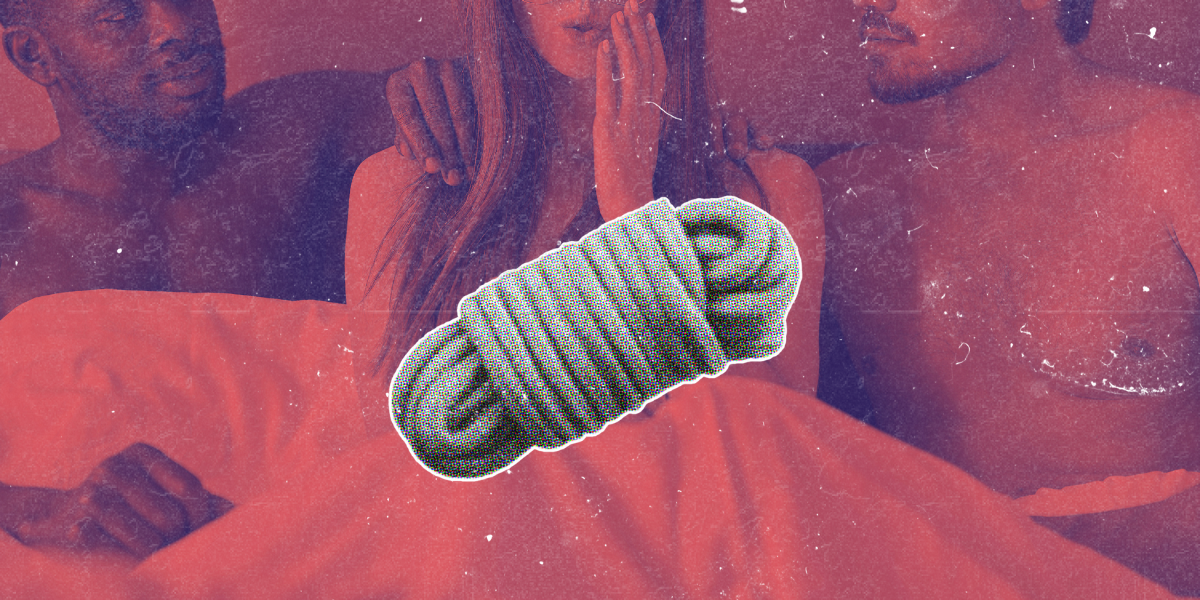 rope floats in front of a red and blue background image of a femme person in bed between two men