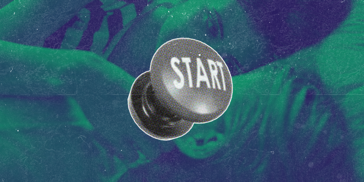 a "start" button stands out in sharp contrast against a background depicting two women wrapped up in bed