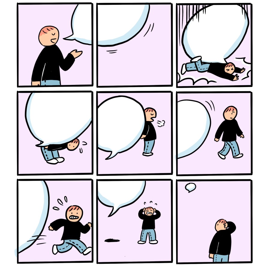 A nine-panel comic of Baopu, an Asian person with red hair, being crushed by the memory of that one thing they said one time (it's a blank thought bubble)