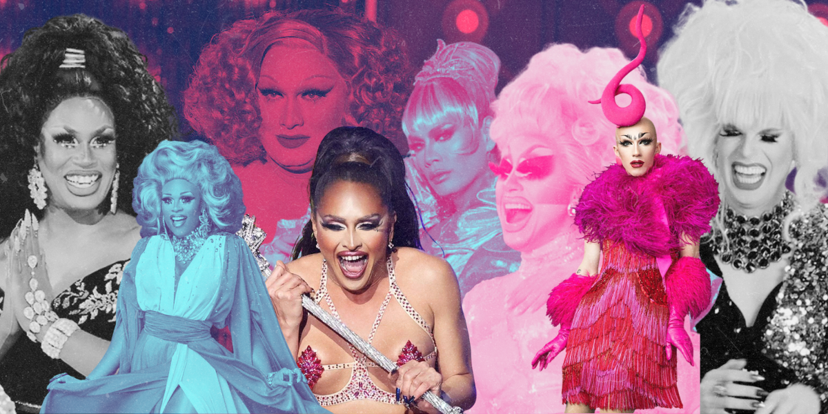 A collage of different characters from the television show RuPaul's Drag Race