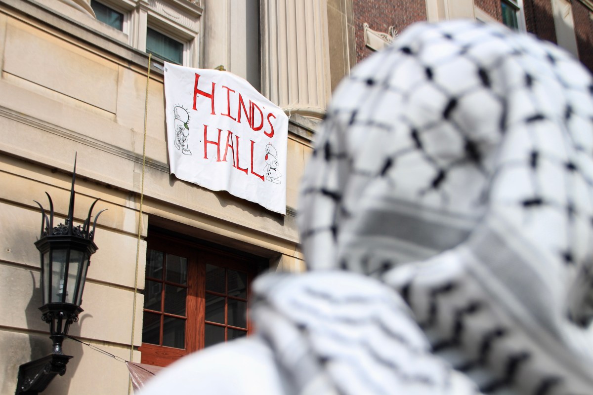 A student looks on at “Hind’s Hall” – what the occupied Hamilton Hall had been named. Photo by Mukta Joshi/Hyperallergic.