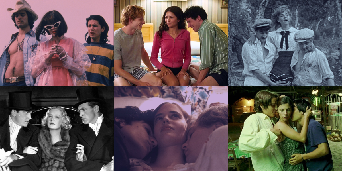 A color tinted collage of The Doom Generation, Challengers, Jules et Jim, Design for Living, The Dreamers, and Y Tu Mamá También