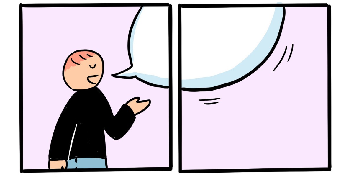 Baopu, an Asian person with red hair, making a a blank thought bubble in a two panel comic