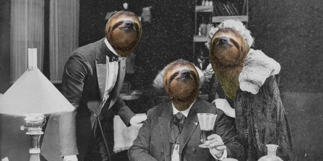 An old black and white photo of rich people with sloth heads photoshopped over their faces.