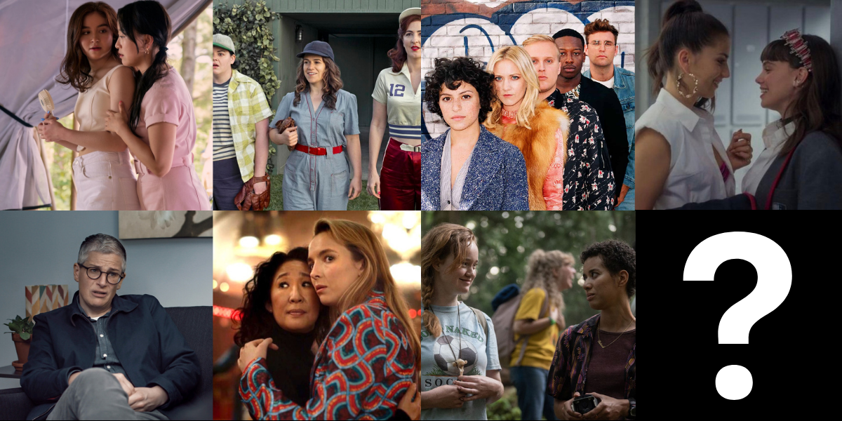 grid of images: XO Kitty, a league of their own, search party and elite on the top row. bottom row is work in progress, killing eve, yellowjackets and a question mark