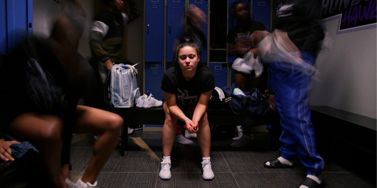 Riley in the locker room in Backspot