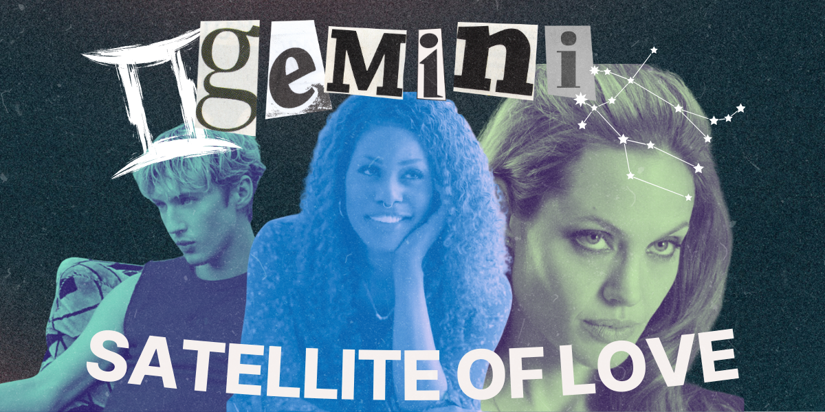 Queer horoscopes for June 2024: a collage of Troye Sivan, Laverne Cox, and Angelina Jolie with Gemini and Satellite of Love written