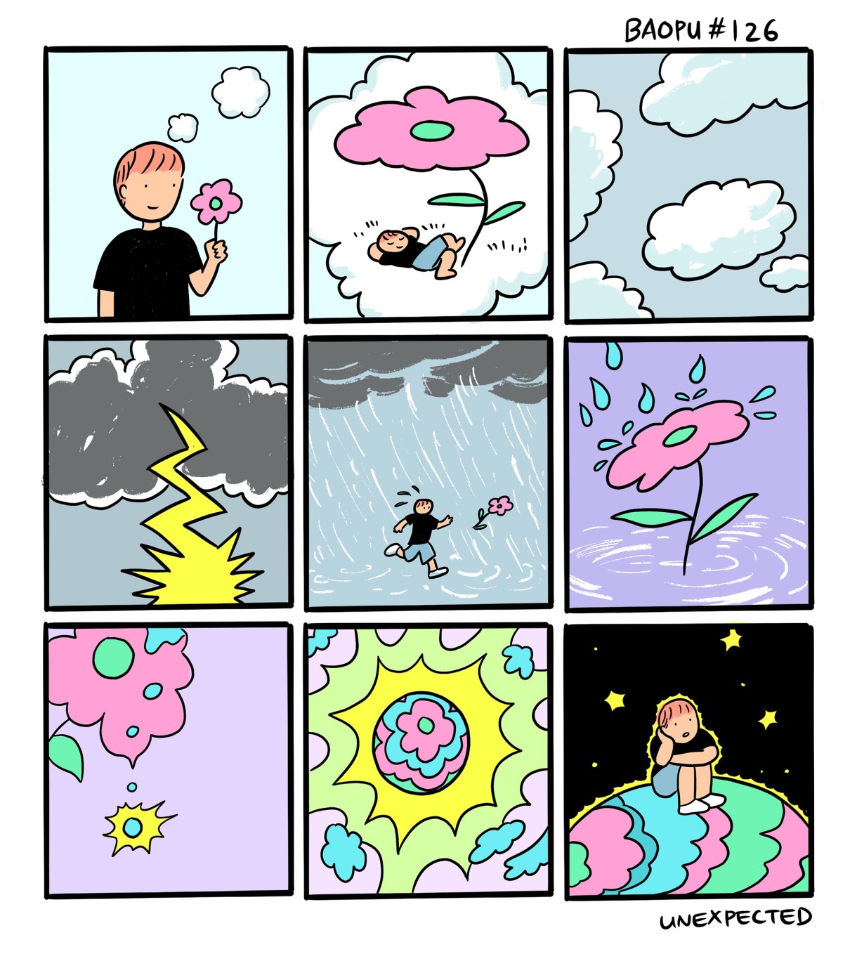 a person in a comic finds a flower and imagines a whole new world