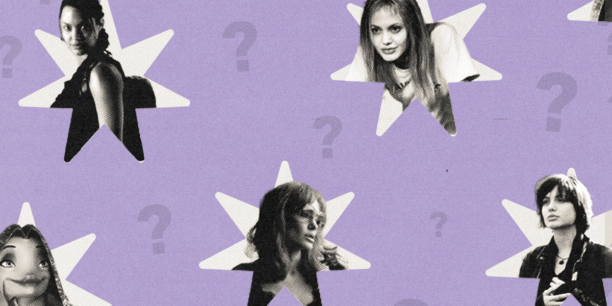 Small images of various Angelina Jolie characters against a purple background with question marks peppered throughout.