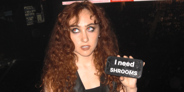 Chappell Roan holding a phone that says I NEED SHROOMS