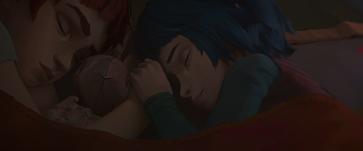 Young Vi and Powder holding hands while they sleep, their bunny between them