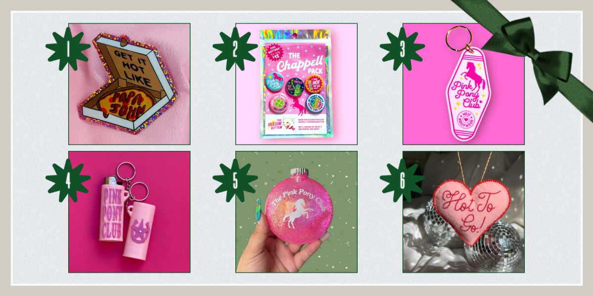 1. Get It Hot Like Papa John Vinyl Glitter Sticker ($4)2. Chappell Roan Button Pack ($13) 3. Pink Pony Club Keychain ($16) 4. Pink Pony Club Lighter Case ($10) 5. Pink Pony Club Ornament ($10) 6. Hot To Go Ornament ($22)