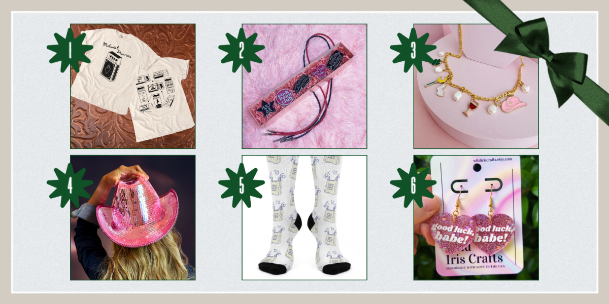 1. Matchbox Shirt ($38+)2. Bolo Tie Set ($48) 3. Charm Necklace ($36) 4. Pink Disco Hat ($63+) 5. Hot To Go Socks ($15) 6. Good Luck Babe Earrings ($20)