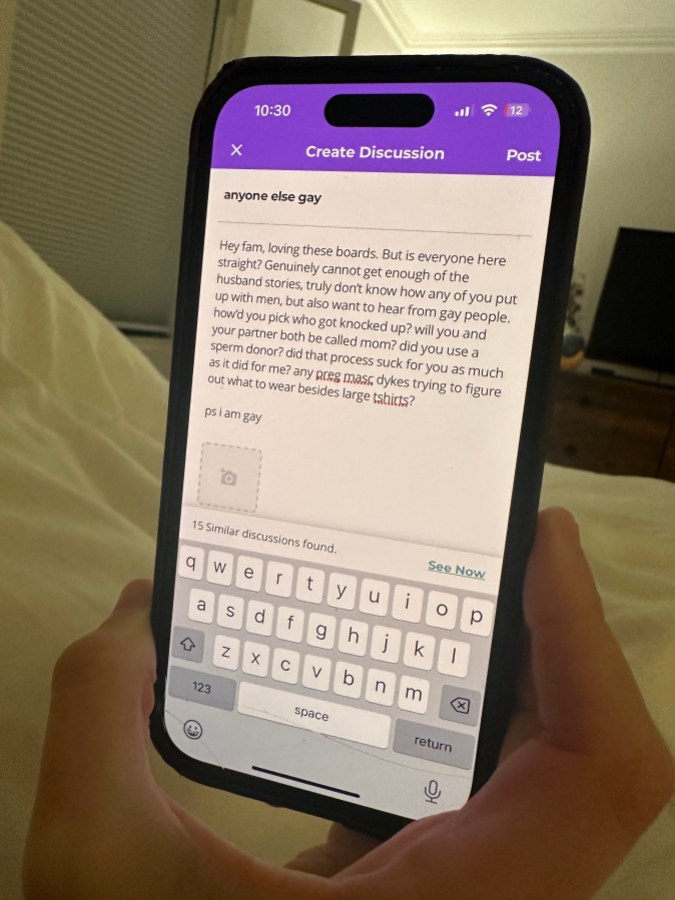 shot of a message on What to Expect app that reads:"anyone else gay Hey fam, loving these boards. But is everyone here straight? Genuinely cannot get enough of the husband stories, truly don't know how any of you put up with men, but also want to hear from gay people. how'd you pick who got knocked up? will you and your partner both be called mom? did you use a sperm donor? did that process suck for you as much as it did for me? any preg masc dykes trying to figure out what to wear besides large tshirts? ps i am gay"
