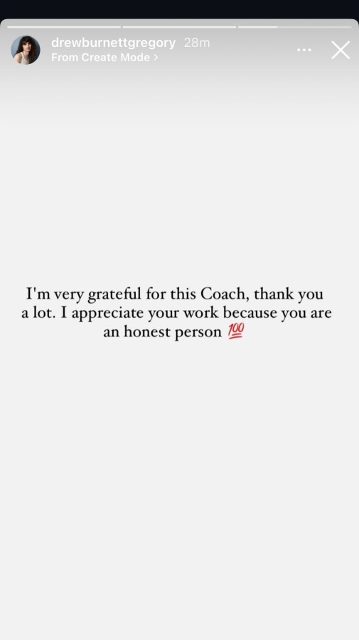 A screenshot from a story: I'm very grateful for this Coach, thank you a lot. I appreciate your work because you are an honest person 100