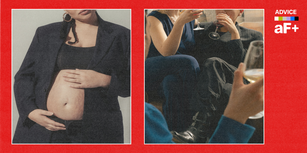 One image shows a pregnant person alone, another shows a group of people hanging out.