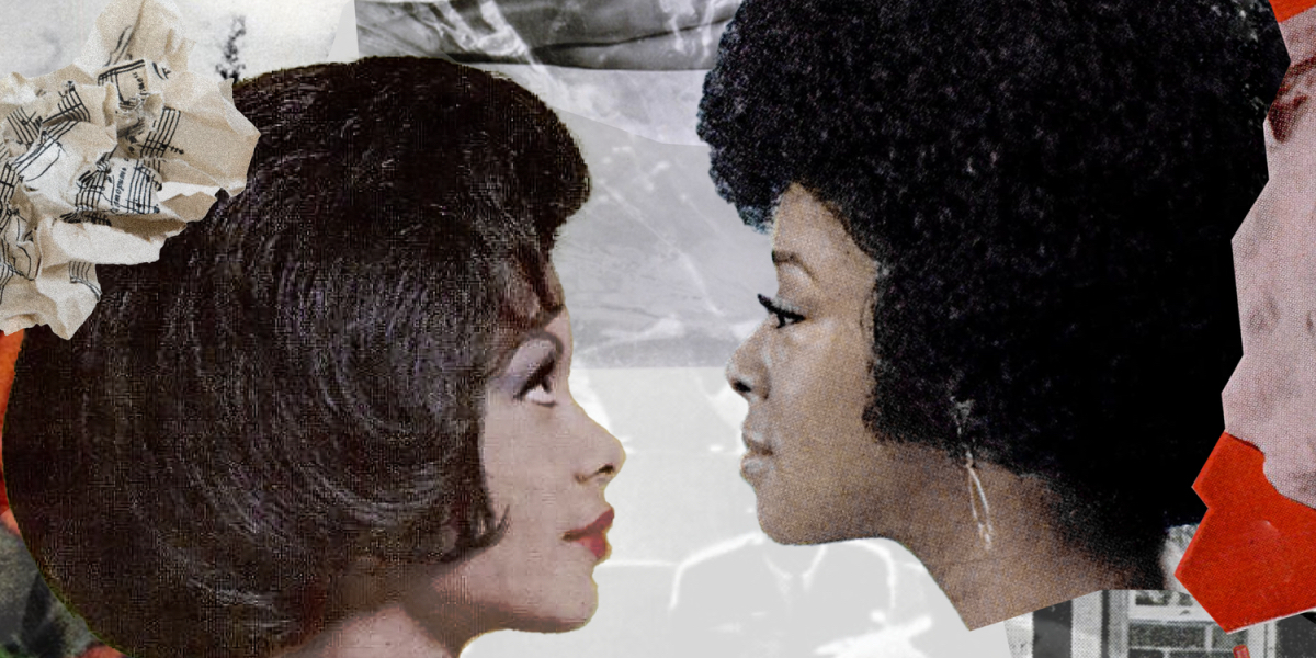 Red for Revolution: A collage with the face cut of one Black woman looking up at another Black woman with a crumbled up piece of sheet music to the side.